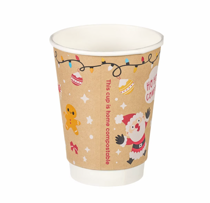 12oz Double Wall Aqueous Lined Compostable Christmas Coffee Takeaway Cups - Festive Design (Box of 500) (Code: XQ04133XM)