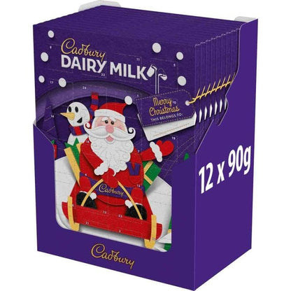 Open case of 12 Cadbury Dairy Milk 90g Advent Calendars