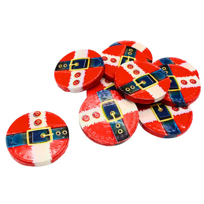 Foil-wrapped milk chocolate coins with Santa belt design from the 1kg bag