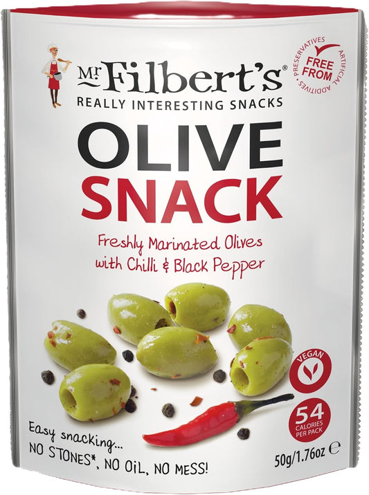 Mr Filbert's Chilli & Black Pepper Halkidiki Olives 50g - (Box of 12)