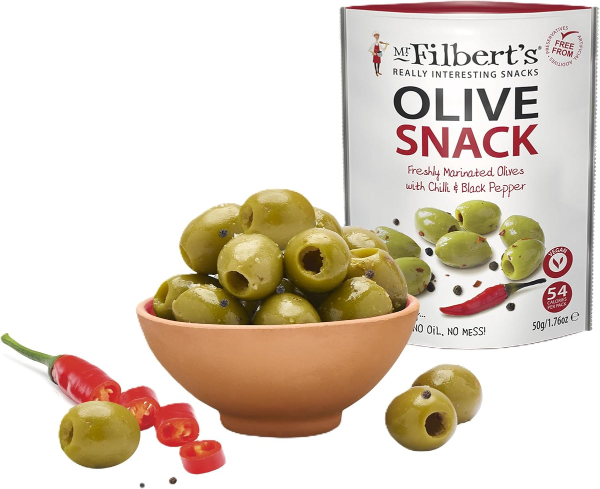 Mr Filbert's Chilli & Black Pepper Halkidiki Olives 50g - (Box of 12)