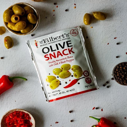 Mr Filbert's Chilli & Black Pepper Halkidiki Olives 50g - (Box of 12)