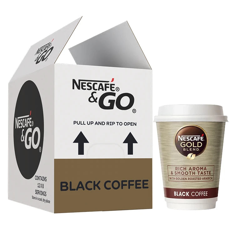 Nescafe & Go - Gold Blend Black Coffee - 12oz Foil Sealed Drinks (Pack of 8 Cups)