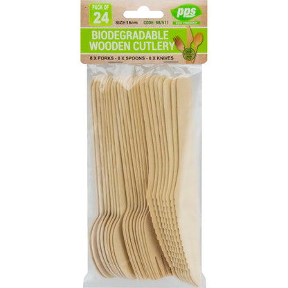 Wooden Cutlery Set Assorted - Pack of 24 (8 Knives, 8 Forks, 8 Spoons)
