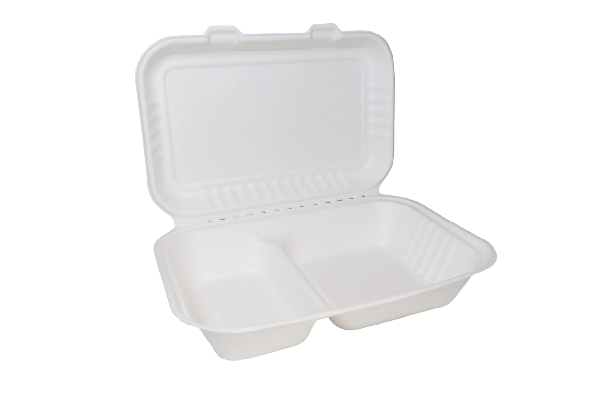 Edenware - Moulded Fibre Clamshell Large Meal Boxes - Takeaway Food Packaging - TWO COMPARTMENT 9" x 6" - (Case of 250)