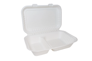 Edenware - Moulded Fibre Clamshell Large Meal Boxes - Takeaway Food Packaging - TWO COMPARTMENT 9" x 6" - (Case of 250)