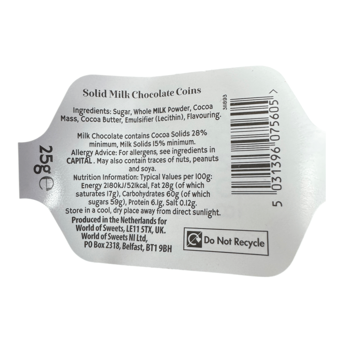 Bonds Gold Milk Chocolate Coins 25g reverse label with ingredient and allergen details