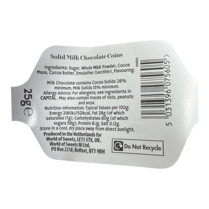 Bonds Gold Milk Chocolate Coins 25g reverse label with ingredient and allergen details