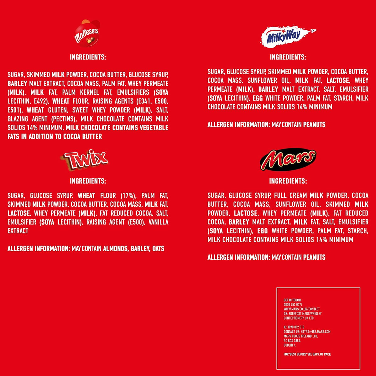 Maltesers & Friends 73g ingredients and allergen panel