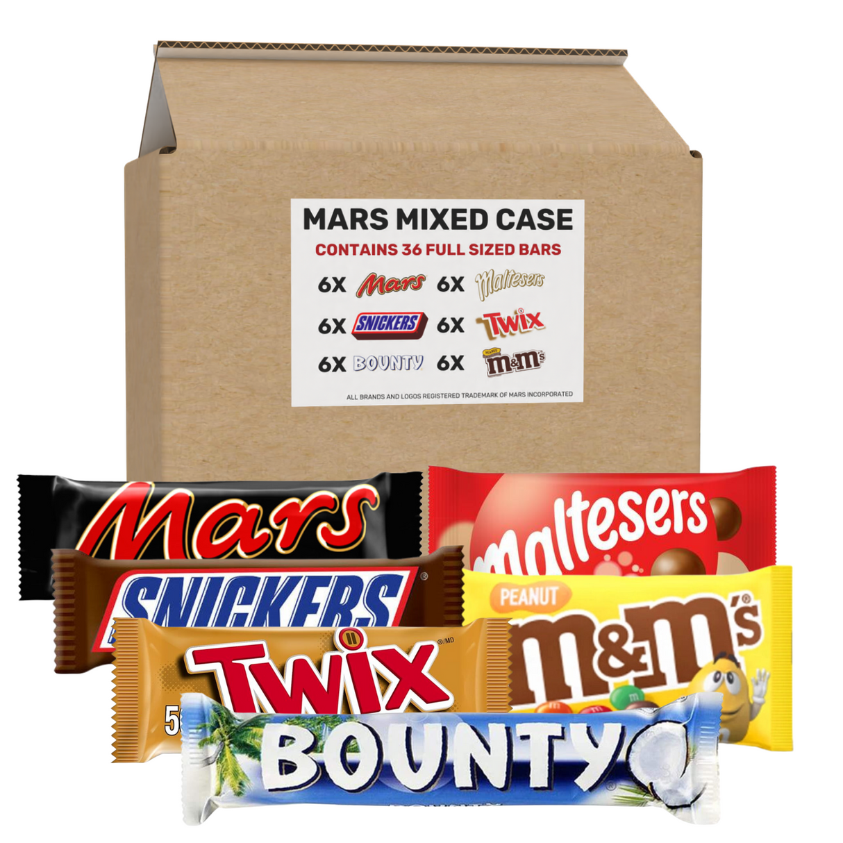 Mars Chocolate Mixed Case - Full Sized Bars - Mars, Twix, Snickers, Bounty, Maltesers, M&M's (Box of 36)