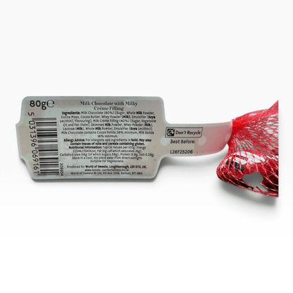 Bonds Milk Chocolate Santas 80g reverse label with ingredients and allergens