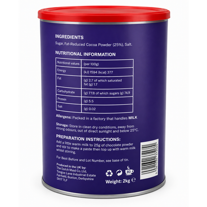 Dutch Maid Original Vegan Drinking Chocolate 2kg Tin (Add Hot Milk)