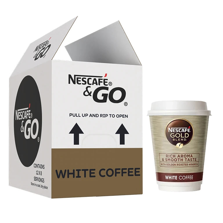 Nescafe & Go - Gold Blend White Coffee - 12oz Foil Sealed Drinks (Pack of 8 Cups)