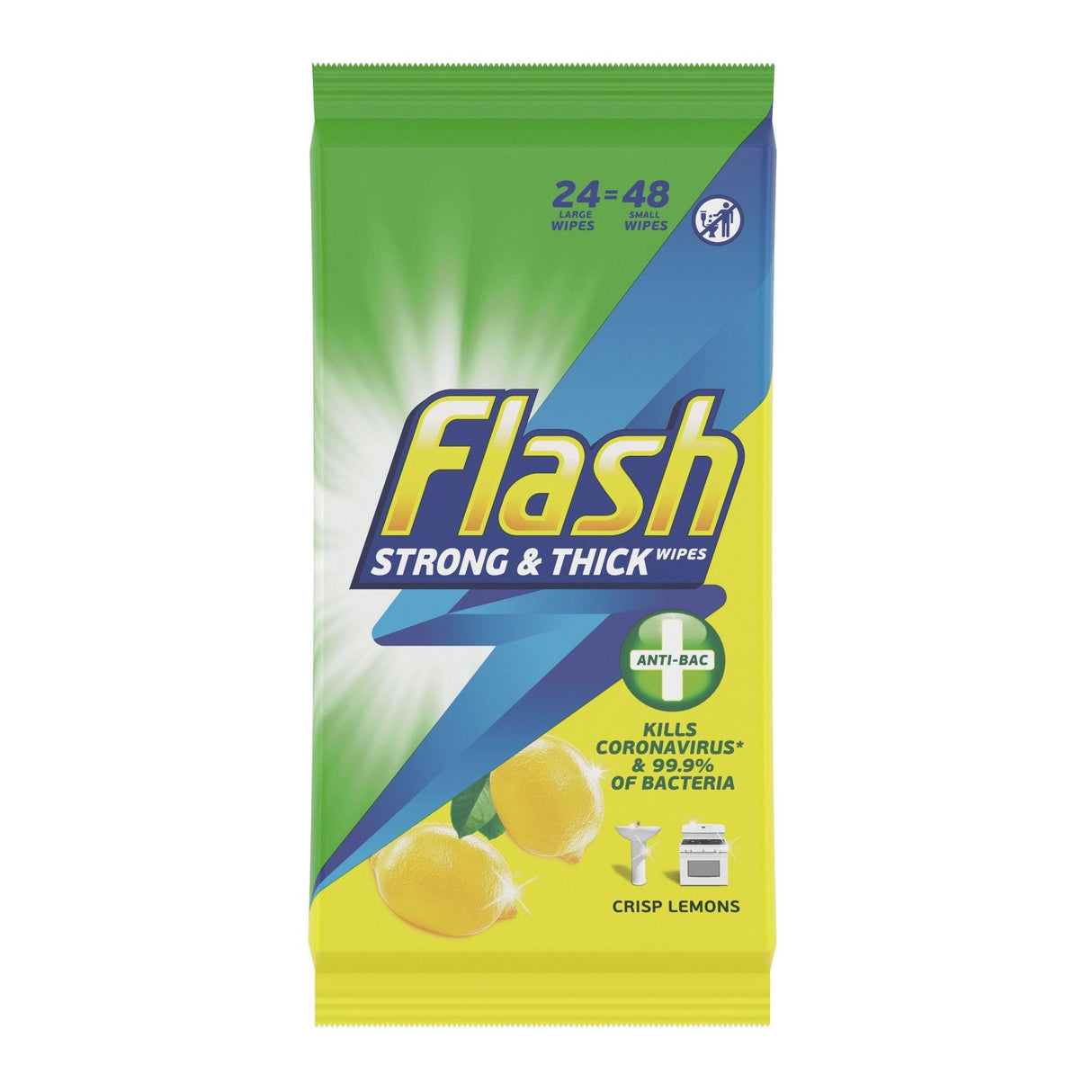 Flash Antibacterial Wipes Extra Large Lemon (Pack 24 / 48 ) - Vending Superstore