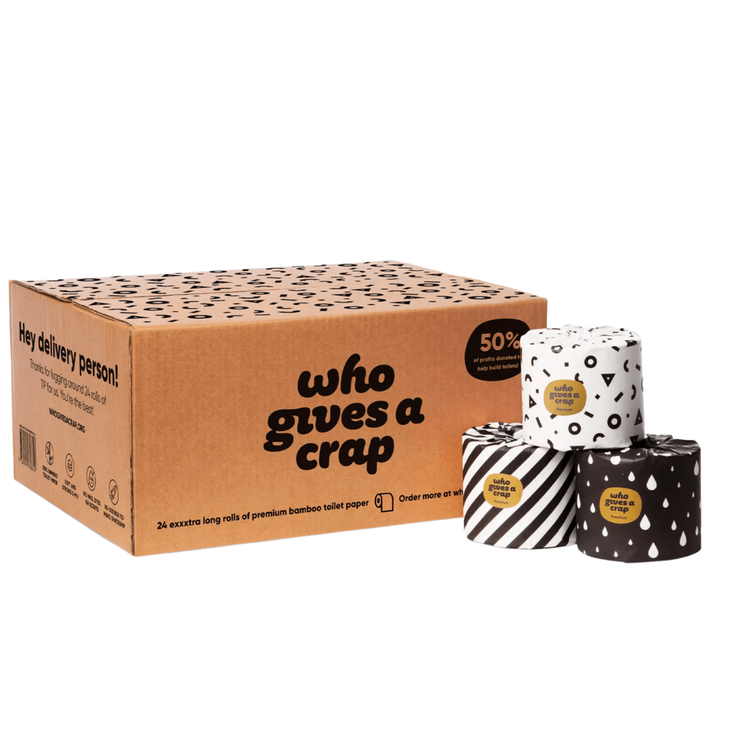 Who Gives A Crap – Box of 24 Premium Bamboo Toilet Roll, (3-Ply, 370 Sheets) | (Sustainable, Biodegradable, Plastic-Free) - Vending Superstore