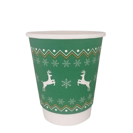 8oz Double Wall Christmas Coffee Takeaway Cups - Full Case of 500 (Green Reindeer Christmas Design) - Vending Superstore