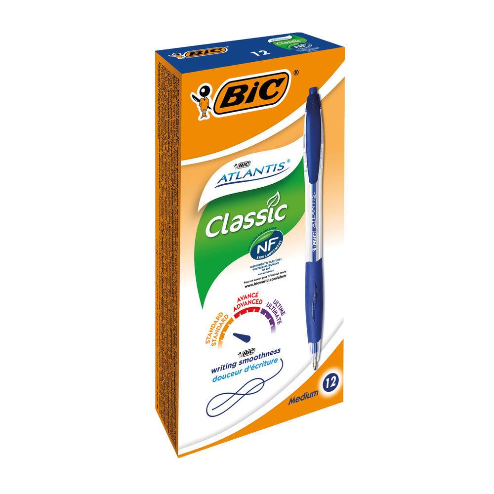 BIC Atlantis Retractable: Medium Ballpoint Click Pens Blue Ink - Box of 12 - Vending Superstore