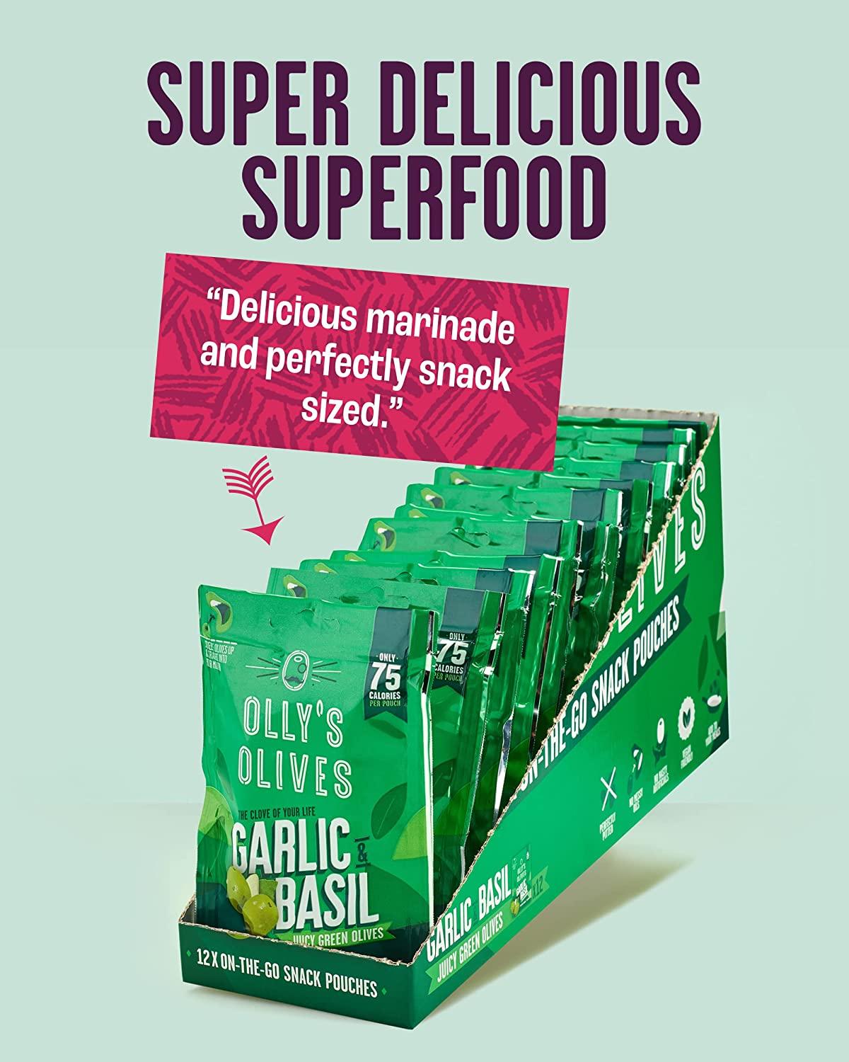 Olly's Garlic & Basil Olives - 12 x 50g Pouches - Vending Superstore