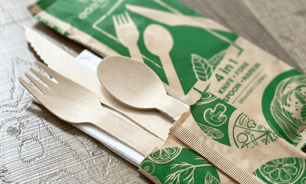 Edenware - 4 in 1 Wooden Cutlery Meal Pack - Napkin, Fork, Knife, Spoon - Biodegradable - Pack of 50 - Vending Superstore