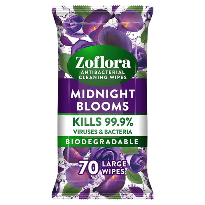Zoflora anti bacterial cleaning wipes - Midnight Bloom - 70 Large Wipes - Vending Superstore