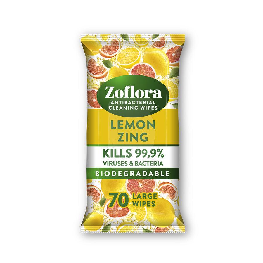 Zoflora anti bacterial cleaning wipes - Lemon Zing - 70 Large Wipes - Vending Superstore