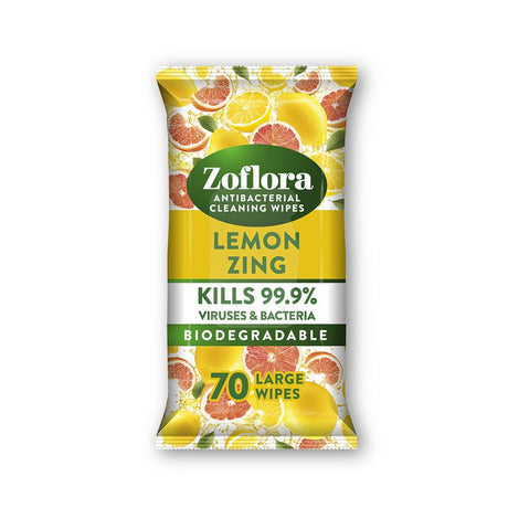 Zoflora anti bacterial cleaning wipes - Lemon Zing - 70 Large Wipes - Vending Superstore