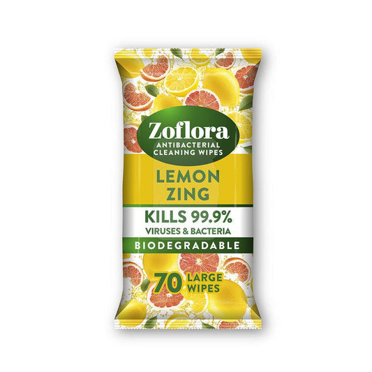 Zoflora anti bacterial cleaning wipes - Lemon Zing - 70 Large Wipes - Vending Superstore